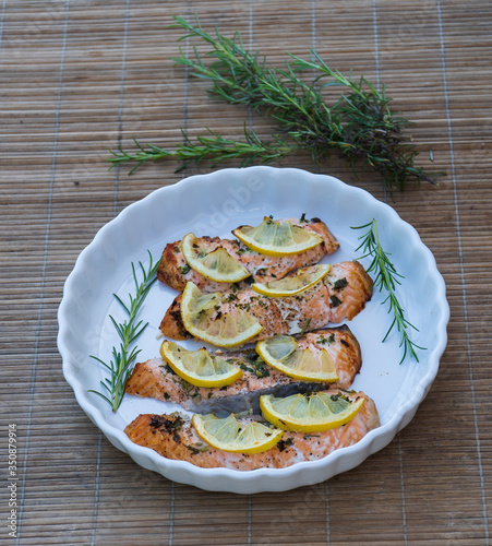 fresh salmon with lemon and rosemary, baked