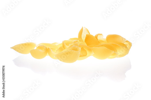 Conchiglie rigate pasta or seashell macaroni isolated on white background. Italian cuisine, healthy food with carbohydrates, diet, nutrition concept.