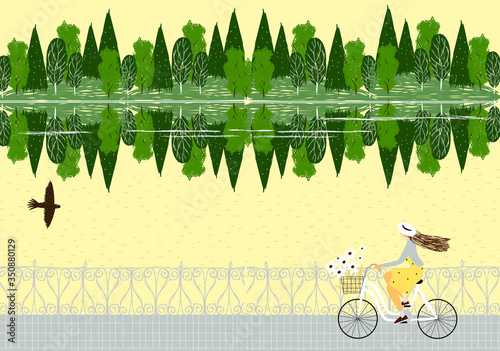 Cycling. Vector summer illustration with a cyclist, a girl, a lake, a bird for the background, book illustration, print, packaging, banner, poster.
