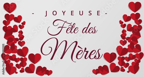 carte ou bandeau pour "joyeuse  fête des mères" en bordeaux avec deux guirlandes de coeurs rouge de chaque côté sur un fond blanc