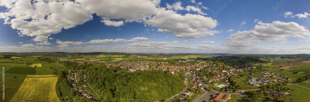Panoramic drone picture of the town Diemelstadt in northern Hesse in Germany during daytime Panoramic drone picture of the town Diemelstadt in northern Hesse in Germany during daytime