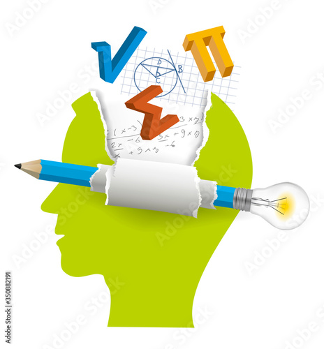 
Mathematics, Smart solutions. 
Stylized Male Head silhouette with mathematics symbols and pencil with bulb. Vector available. photo