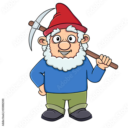 Cartoon gnome smiling with a pickaxe in his hands.Vector isolated on white background. Stock illustration
