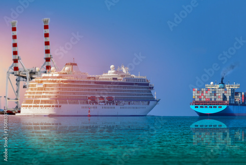 Fototapeta Naklejka Na Ścianę i Meble -  Cruise ship sailing in the sea, large luxury white cruise ship liner on blue sea water and sunset background.