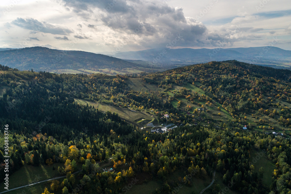 Beskid mountains in Zywiec Poland, Polish mountains and hills aerial drone photo
