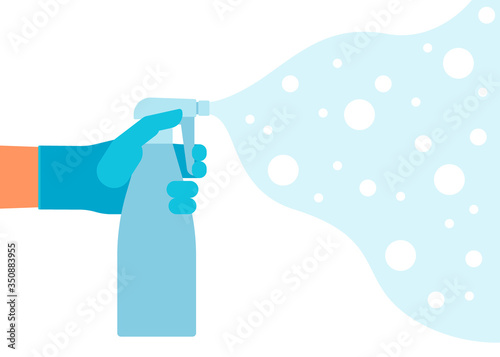 Bottle of antiseptic spray, liquid antibacterial particles. Hand in glove spraying of aerosol. Kills bacteria, coronavirus protection. Hygiene home. Detergent and disinfectant. Vector illustration