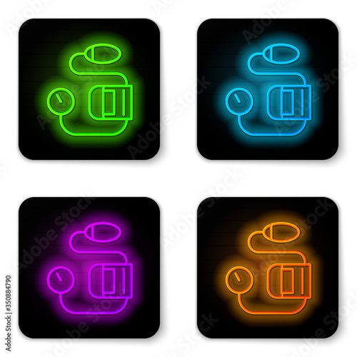 Glowing neon line Blood pressure icon isolated on white background. Black square button. Vector Illustration