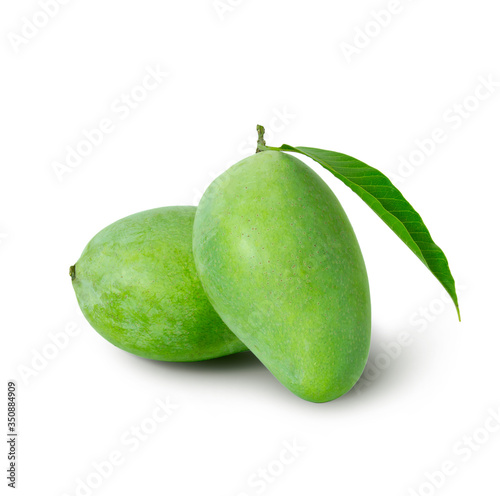 Fresh green mango and leaves isolated on white background