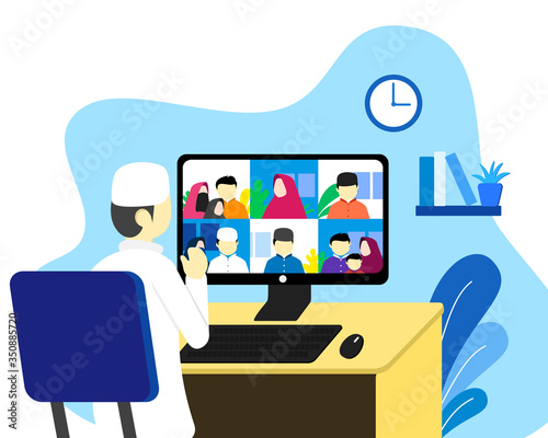eid al fitr reunion stay at home using video call or teleconference due to covid-19 outbreak. social distancing campaign. muslim man, woman and kids illustration
