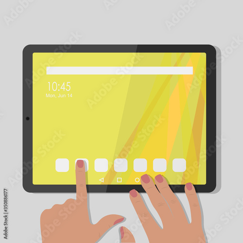 Woman hands are located tablet and finger touch screen. Cartoon flat vector illustration of  minimalistic design for web site or mobile app