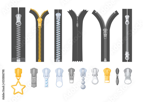 Metallic silver golden zipper with pulls. Realistic differents fastener with pullers for cloth, dress, pants, shoes or bags. Open and closed lock. Vector zipper isolated