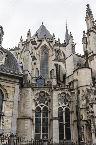 Architectural fragments of Cathedral of St. Michael and St. Gudula - Roman Catholic church on the Treurenberg Hill in Brussels, Belgium.