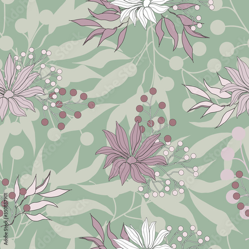 Seamless floral textile pattern. Endless green texture with great colors for fabric, home textile.