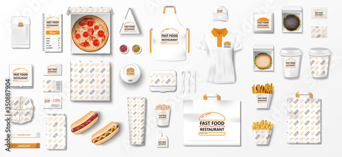 Mockup for pizzeria, cafe, fast food restaurant. Branding set of pizza, uniform, popcorn, hamburger, hot dog, paper pack. Coffee, Fast food package elements Top view. vector