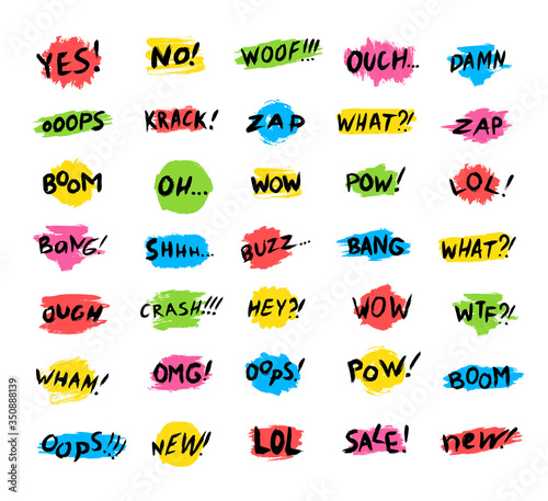 Vector collection of speech bubbles, words with backdrops, and lettering templates. Yes, no, new, sale, woof, what, boom, wow, bang, ouch, omg, pow, zap, lol, oops, crash, and many different words.