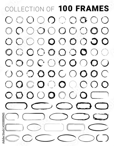 Collection of textured round frames isolated on white background. Set of black templates with splashes and spray in form circle and o-shaped, and elliptical in a dirty and freehand style. 