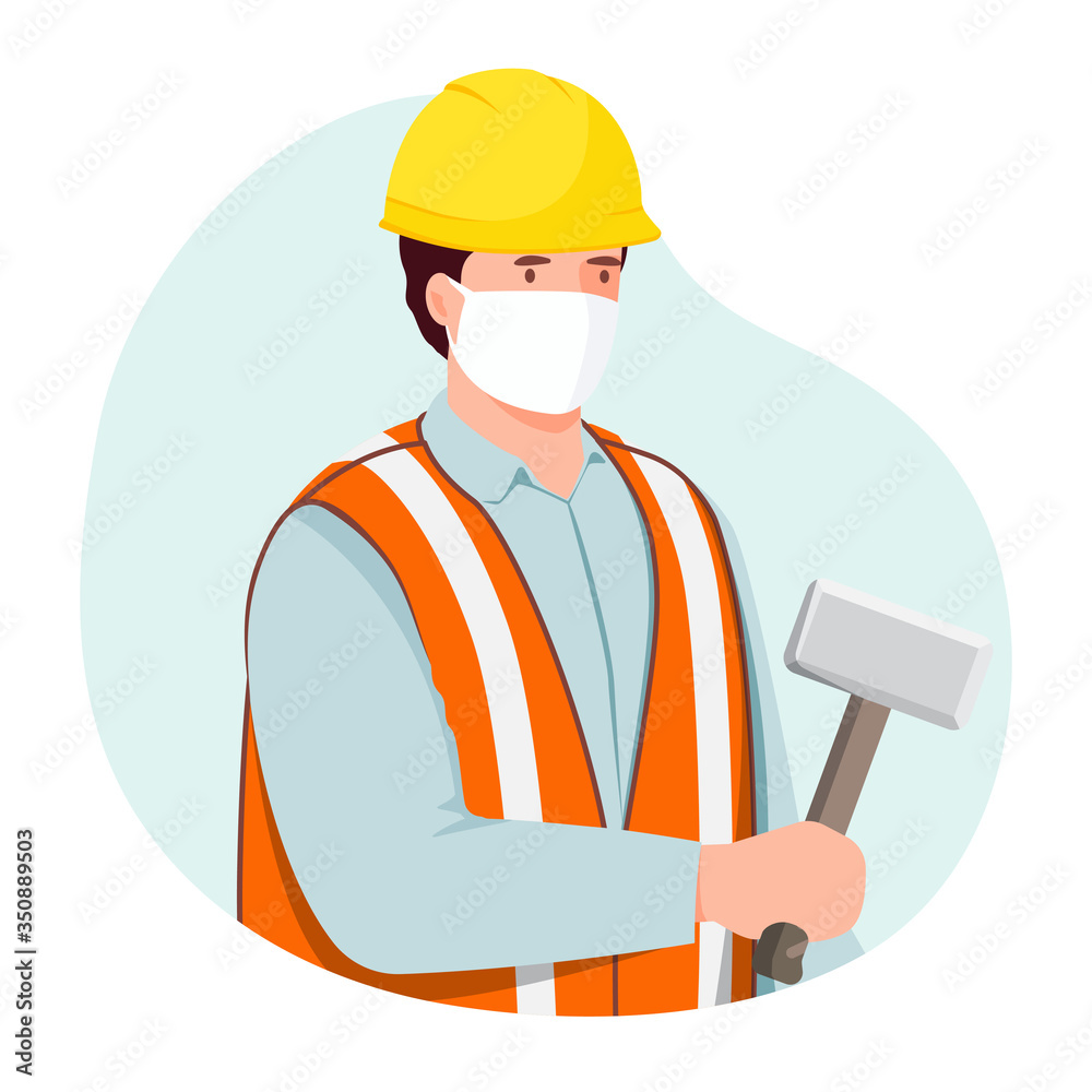 Construction worker wearing medical mask. worker holding hammer. profession vector illustration Construction worker wearing medical mask. worker holding hammer. profession vector illustration