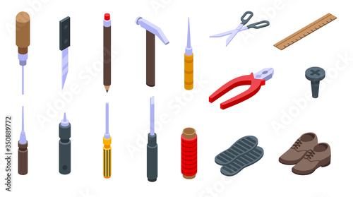 Shoe repair icons set. Isometric set of shoe repair vector icons for web design isolated on white background