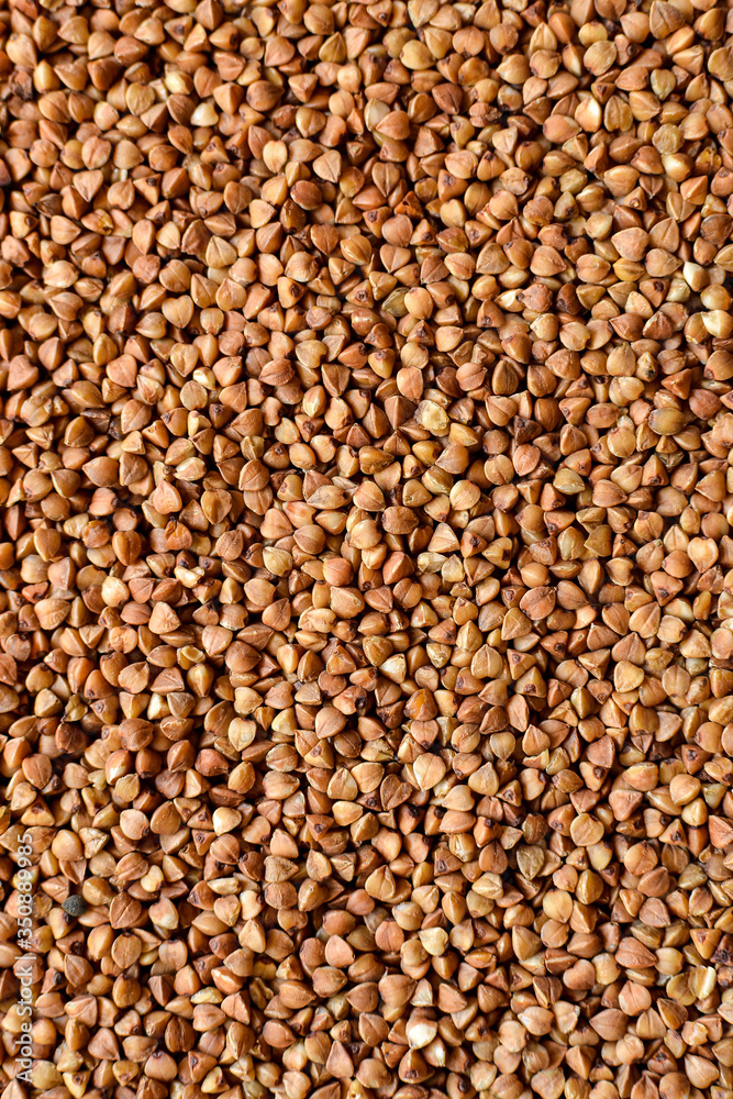 The texture of buckwheat. Raw buckwheat closeup. Top view The texture of buckwheat. Raw buckwheat closeup. Top view