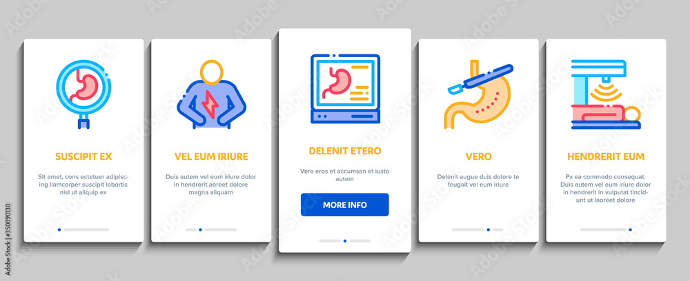 Gastroenterology And Hepatology Onboarding Mobile App Page Screen Vector. Gastroenterology Department, Stomach Ache And Analysis, Fat Food And Unhealthy Drink Color Illustrations