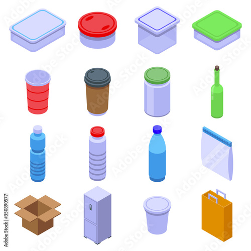 Food storage icons set. Isometric set of food storage vector icons for web design isolated on white background