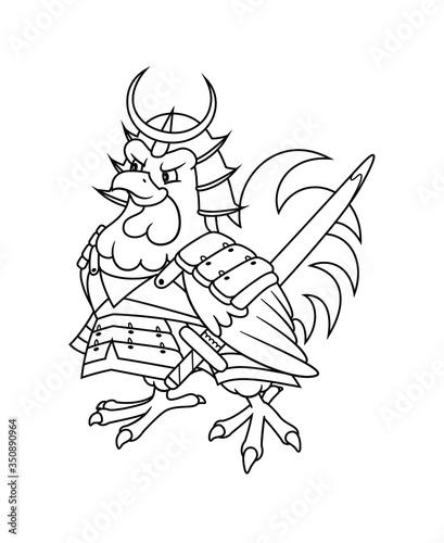 Samurai Chicken or Rooster in armor of japanese warrior and with sword. Ninja Cock Mascot for fast food restaurant or sushi and fried meat delivery. Logo character illustration. Coloring page line art
