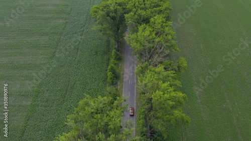 two cars drive each other along the road that is surrounded by forests, fields and meadows. retro cars and modern minivans travel in summer. aerial view 