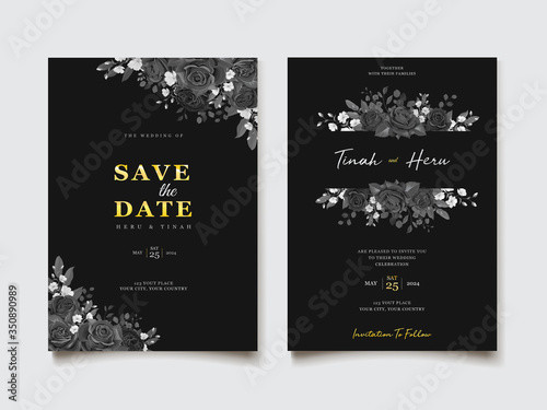 black floral wedding invitation card template