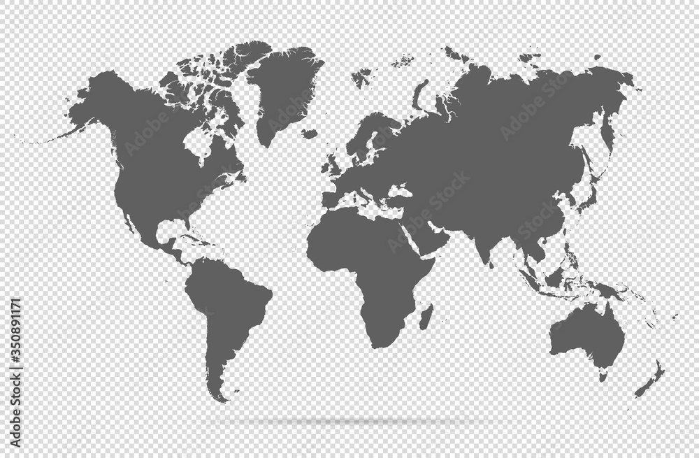 Obraz Map world. Worldwide globe. Worldmap global. Grey continents on transparent background. Simple flat gray silhouette map world. Planet earth. Editable continents for travel design. Geography map world