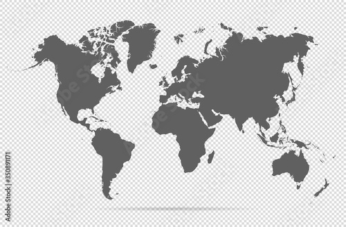 Map world. Worldwide globe. Worldmap global. Grey continents on transparent background. Simple flat gray silhouette map world. Planet earth. Editable continents for travel design. Geography map world © Omeris
