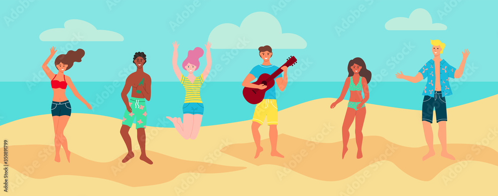 Young people in summer clothes dance and have fun on the beach. The concept of beach parties. Advertising banner, poster, postcard, flyer. Flat cartoon vector illustration.