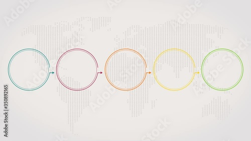 Color circle folowchart on world map.Template for timeline infographic for text and icons. Alpha matte. 4K
