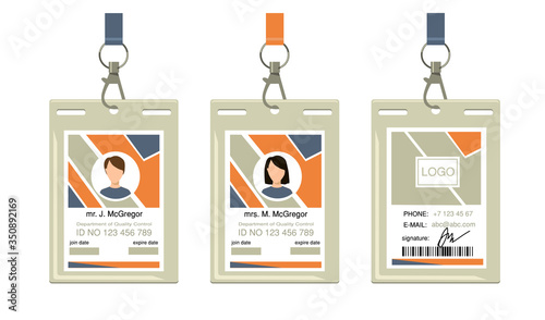 Employee corporate badges. ID, pass, hanging identification card with name. Vector illustration for identity, security, corporate access topics