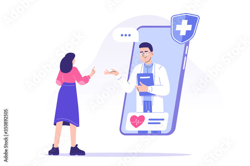 Online doctor concept. Professional male doctor giving advice to patient through smartphone. Telemedicine and online healthcare. Video call to doctor. Telehealth. Modern isolated vector illustration 
