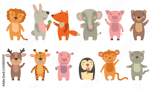 Happy funny cartoon animals set. Cute lion, elephant, baby penguin, monkey, hippo, fox, pig, bear waving hello. Vector illustration for animals, zoo, jungle, mammals concept. © PCH.Vector