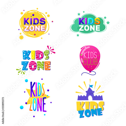 Kids zone logo set. Colorful elements for posters, balloon, castle, text. Vector illustrations for game area, party for children, kids club, playground concept