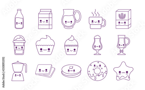 Kawaii food cartoons line style icon set vector design