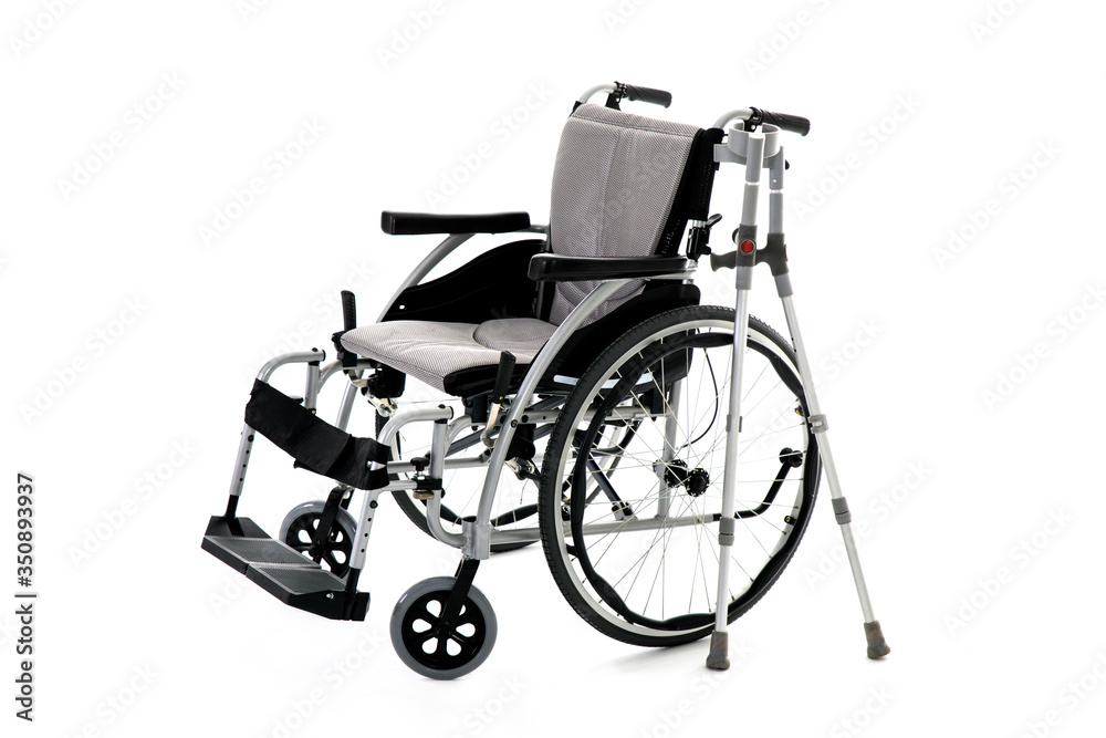 Fototapeta premium Black disability wheelchair crutch, Invalid chair, wheelchair and crutches isolated on White Background