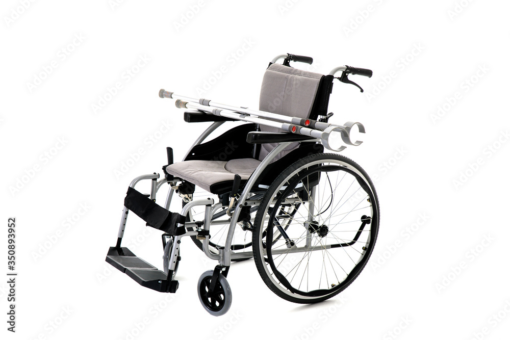 Black disability wheelchair crutch, Invalid chair, wheelchair and crutches isolated on White Background