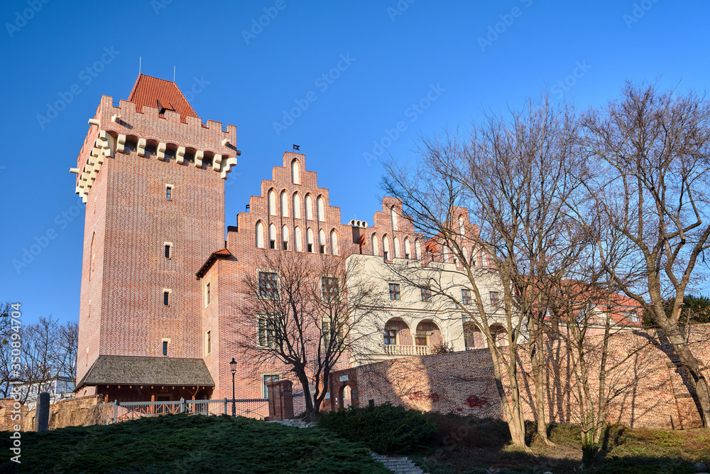 red brick tower reconstructed royal castle   in Poznan..