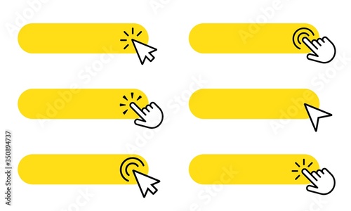 Yellow buttons with clicking hand or arrow pointer set. Click here vector template.  photo