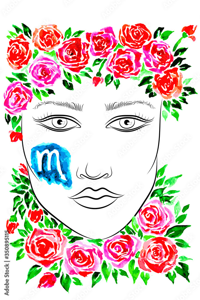 Watercolor woman portrait with pink flowers. Scorpio zodiac sign. Vector illustration.