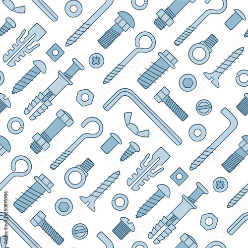 Seamless pattern of fasteners. Bolts, screws, nuts, dowels and rivets in doodle style. Hand drawn building material. Color vector illustration on white background