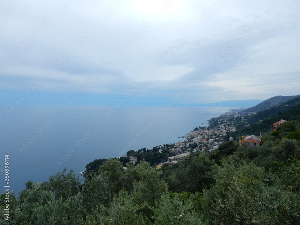 ligurian coastiline east of Genoa with the village of Bogliasco in the foreground on a cloudy day, Liguria, Italy ligurian coastiline east of Genoa with the village of Bogliasco in the foreground on a cloudy day, Liguria, Italy