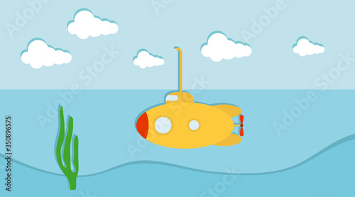 Yellow submarine. Paper yellow submarine in the ocean with algae. Vector, cartoon illustration.