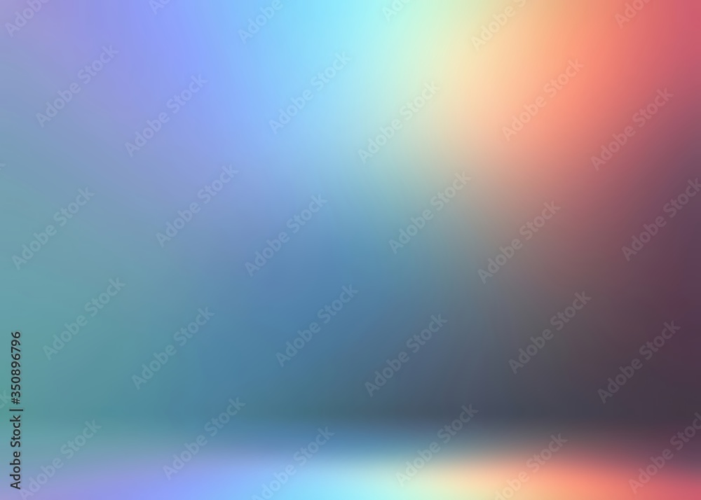 Hologram empty room 3d background blur. Blue lilac red gradient pattern on wall and floor smooth texture.