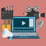 Film production. Banner for the production of films in the form of a monitor, movie camera, film strip and microphone. Vector, cartoon illustration.