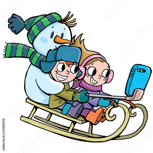 takes selfies with children sledding