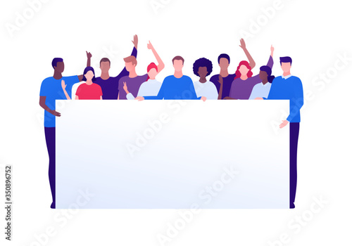Student protest and activism concept. Vector flat person illustration. Crowd of multi-ethnic young adult people hold banner with copy space. Full-length. Design element for infographic, web, ad.