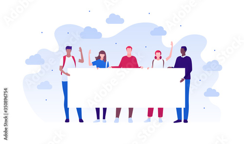 Student protest and activism concept. Vector flat person illustration. Group of multi-ethnic young adult people hold banner with copy space. Full-length. Design element for infographic, web, ad.